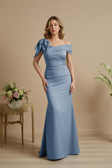 Dusty Blue Mermaid Satin Off The Shoulder Mother of the Bride Dress with Bow